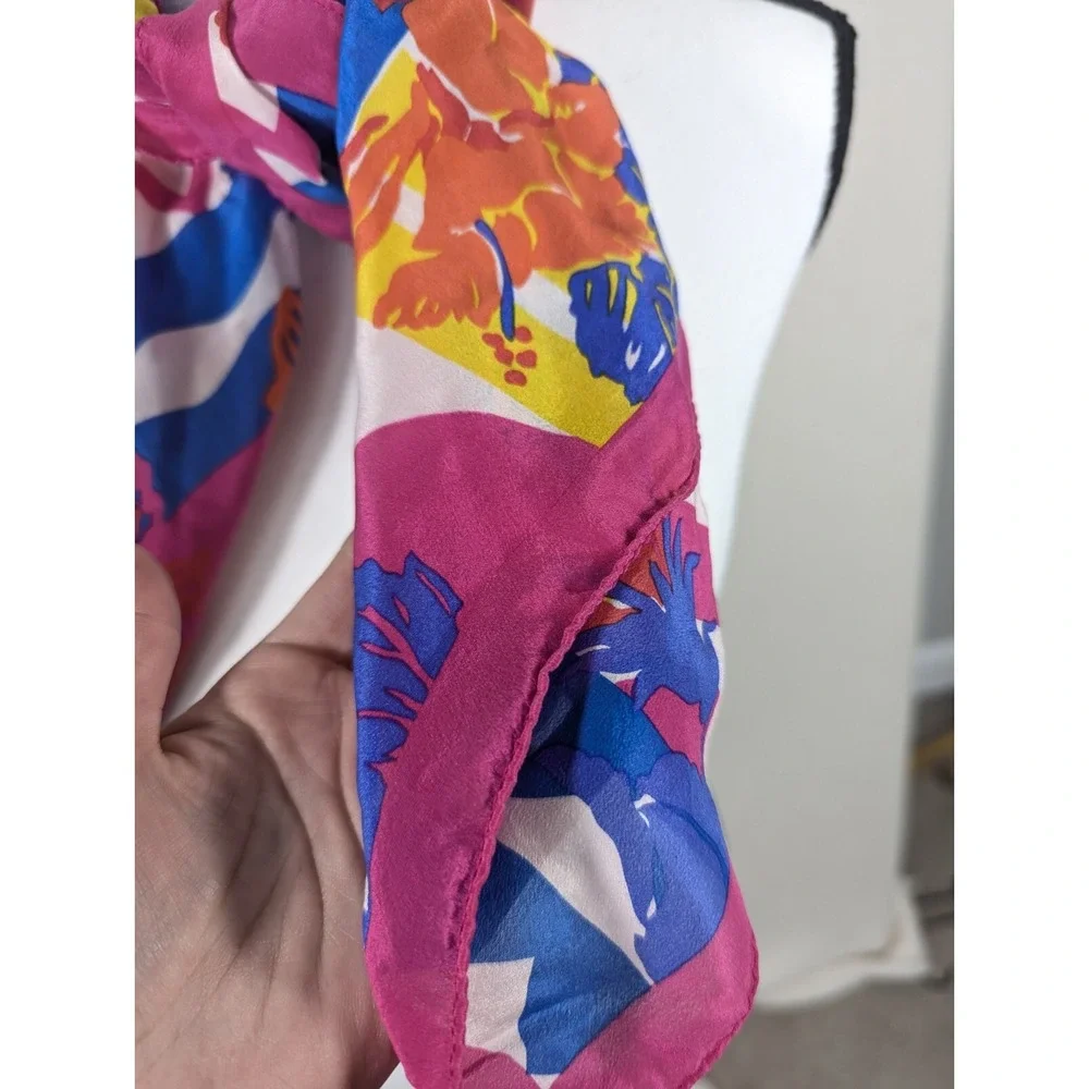 MORGAN TAYLOR Square Scarf Bright Pink Orange Blue‎ Yellow 29x31 Floral Silk